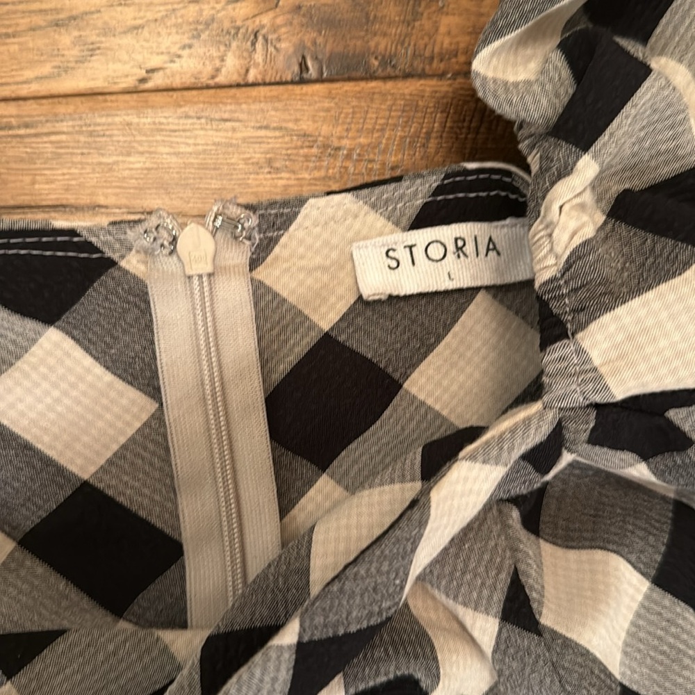 Storia Gingham Babydoll Dress Plaid Mini Black & White Square Neck size L - Picture 2 of 4